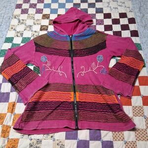Happy Colors Full Zip Embroidered Hippie Boho Hoodie Pink Size XL Relaxed Fit